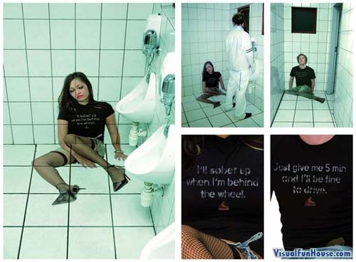 Drunk Girl passed out in a bath room - anti drinking and driving sticker illusion