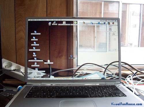 Wires through a transparent laptop screen