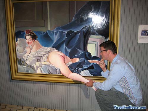 Japanese lady is showing off her self as she holds her leg out of the painting for this lovely young man
