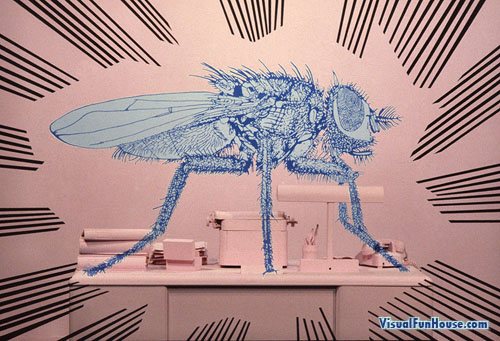 Giant Desk Fly, get out the office fly swatter.. or maybe rethink that pink on the walls…